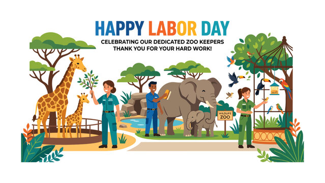 Zoo Keeper Appreciation Day: A vibrant illustration celebrating zoo keepers on Labor Day, showcasing their dedication with animals like giraffes and elephants, thanking them for their hard work.