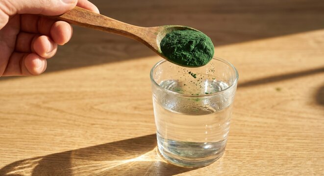 Wooden spoon pouring green spirulina powder into water