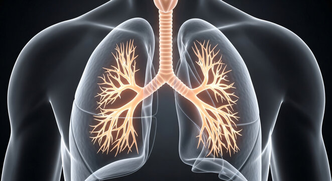 A medical illustration of the human respiratory system with lungs and trachea visible