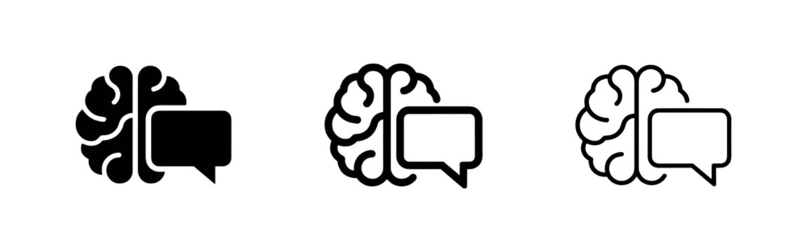 Brain communication icons set, human brain with speech bubble symbol. Mental dialogue, idea sharing or psychological therapy pictogram.