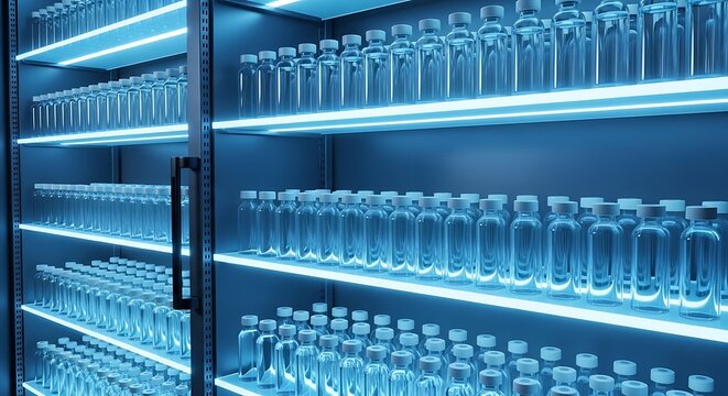 Rows of medical vials in a refrigerated storage unit
