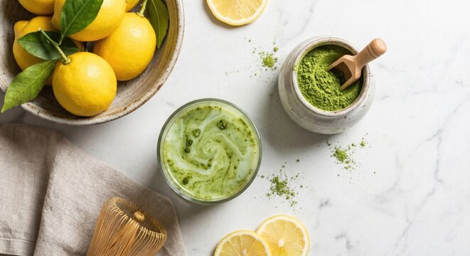 Matcha green tea latte and fresh lemons flat lay