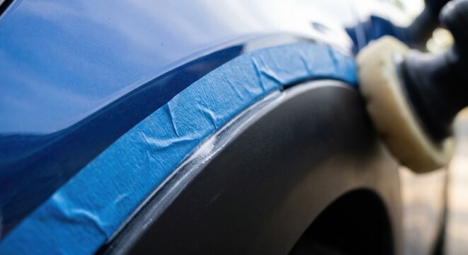 Blue masking tape protecting car trim during polishing