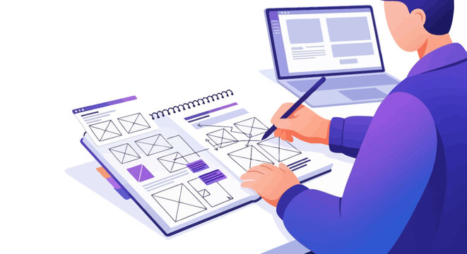Designer sketching website wireframes on notepad with laptop nearby.