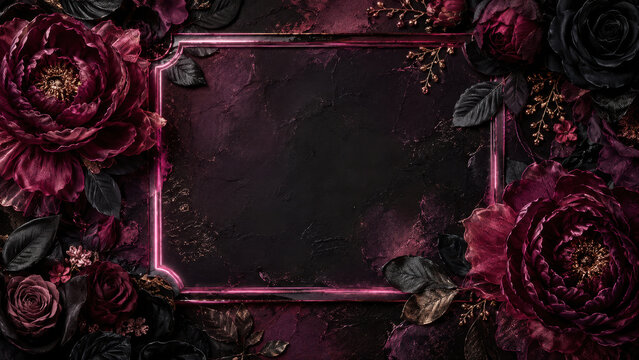Dark Gothic Floral Frame, Luxury Black Burgundy Background, Elegant Romantic Border Design