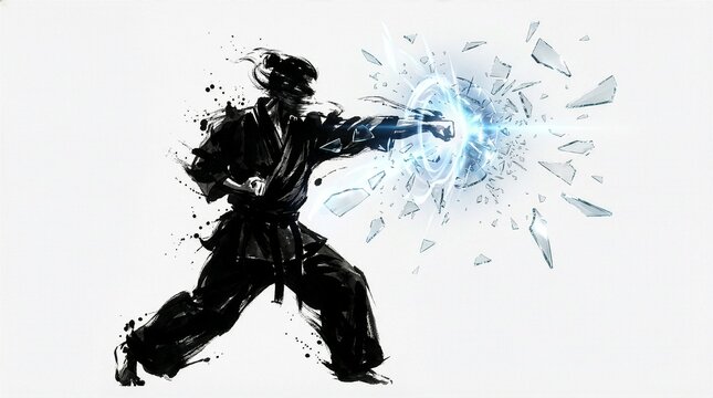 Illustration of a martial artist punching and shattering glass