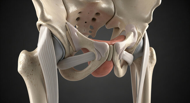 A detailed illustration of the human pelvis and hip bones in a medical context