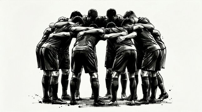 Illustration of a soccer team in a huddle