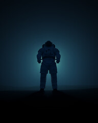 Obraz premium Dramatic Standing Astronaut Spacesuit Dark Background Sci Fi Mysterious Glowing Light Blue Tones Isolated Figure 3d illustration