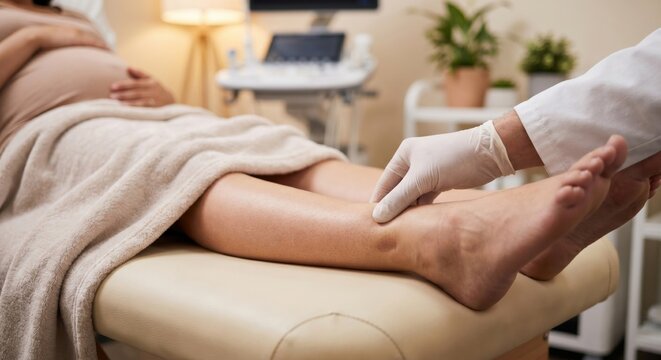 Doctor examining pregnant woman's swollen ankle for edema
