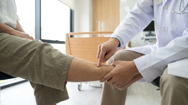Doctor checking patient for leg edema in medical clinic