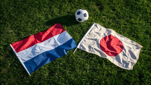 Dutch and japanese flags with a soccer ball on grass netherlands