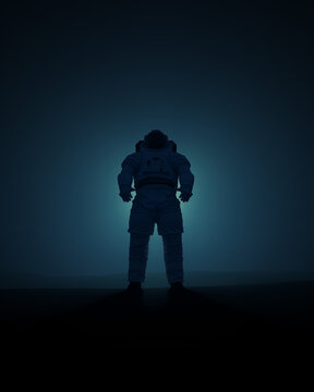 Dramatic Standing Astronaut Spacesuit Dark Background Sci Fi Mysterious Glowing Light Blue Tones Isolated Figure 3d illustration