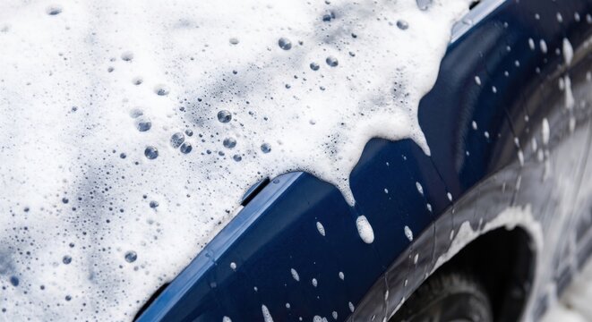 White snow foam sliding down blue car fender