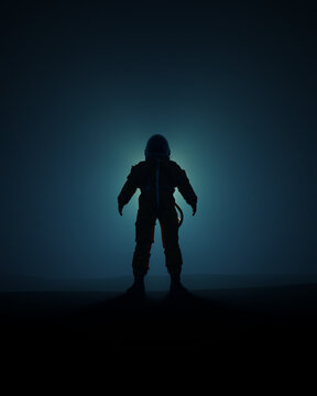Dramatic Standing Astronaut Spacesuit Dark Background Sci Fi Mysterious Glowing Light Blue Tones Isolated Figure 3d illustration