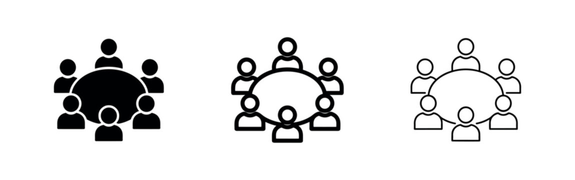 People sitting around a round table icon set, representing a meeting, discussion, or collaboration.