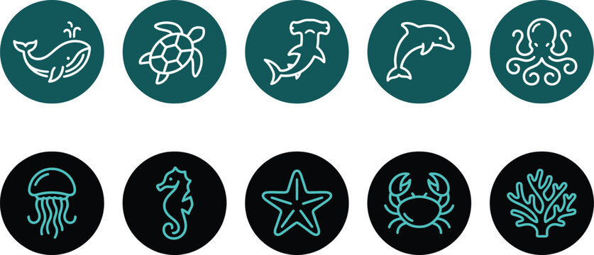 Set of ten minimalist marine animal icons featuring a whale turtle shark dolphin octopus jellyfish seahorse starfish crab and coral