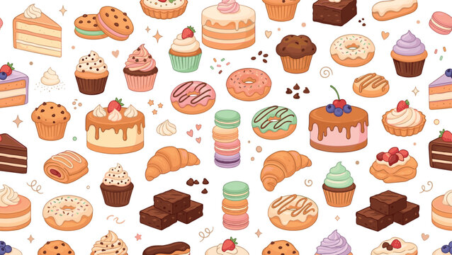 Cute seamless bakery pattern vector background with cakes donuts cupcakes cookies macarons croissants brownies desserts sweet illustration