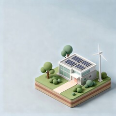 Obraz premium Sustainable home with solar panels and wind turbine 3D.