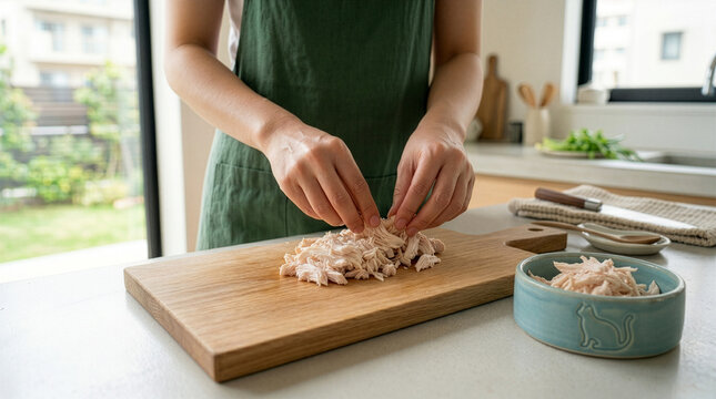明るいキッチンで愛猫のために茹でた鶏肉を優しく手でほぐして手作りごはんを用意する飼い主の手元リアルな写真