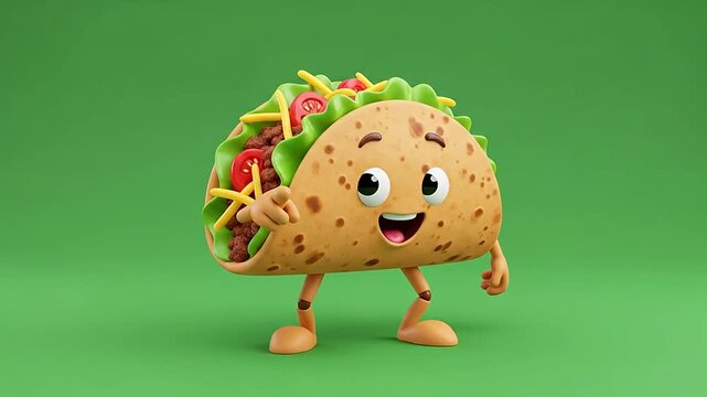 A happy cartoon taco character waving hello against a solid green background