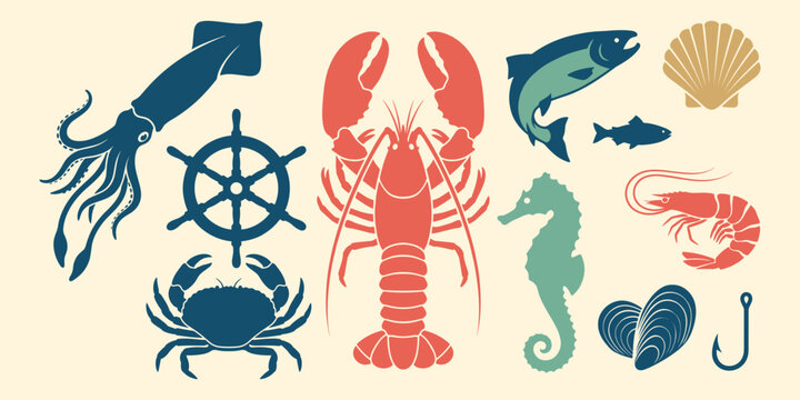 Marine Seafood Icon Collection with Lobster Fish Crab and Nautical Ocean Symbols for Coastal Graphic Design Projects