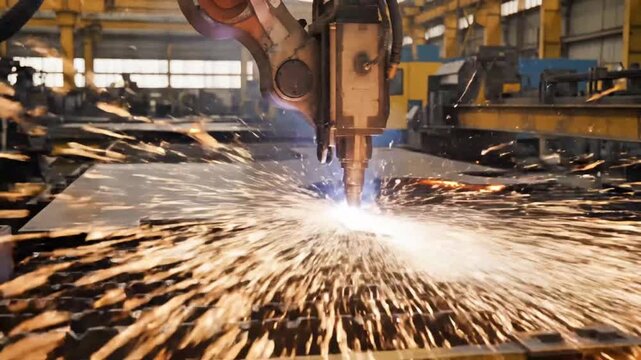 Automated machine cutting steel plate with bright sparks