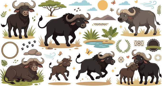 African safari buffalo vector illustration pack with cute wild animals trees mud puddles tracks and geometric graphics