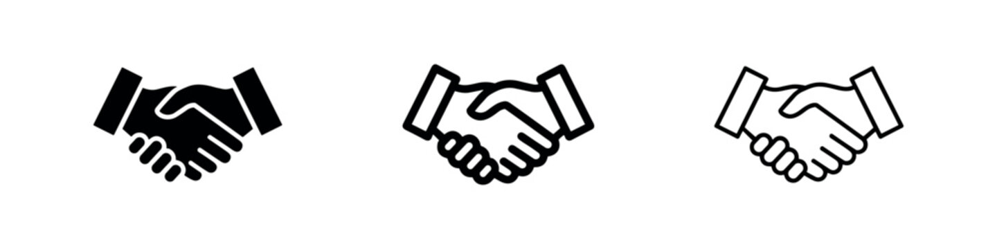 Three handshake icons: solid black, outline with fill, and outline only.