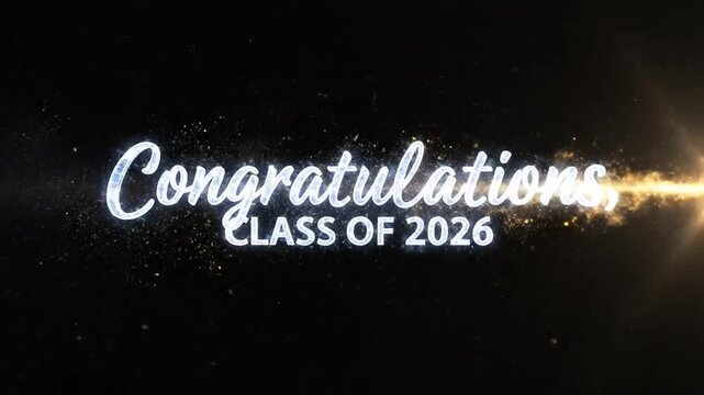 Celebratory fireworks display with glowing text announcing graduation class of 2026