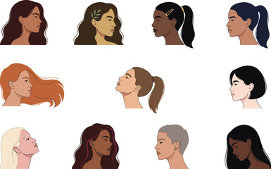 Women Profile Portrait Illustration Collection with Diverse Beauty Fashion and Feminine Lifestyle Symbols for Modern Graphic Design © Joy
