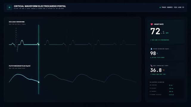 Digital Patient Vital Signs Monitor Screen showing ECG Waveform, Heart Rate, and SpO2 Pulse Plethysmogram