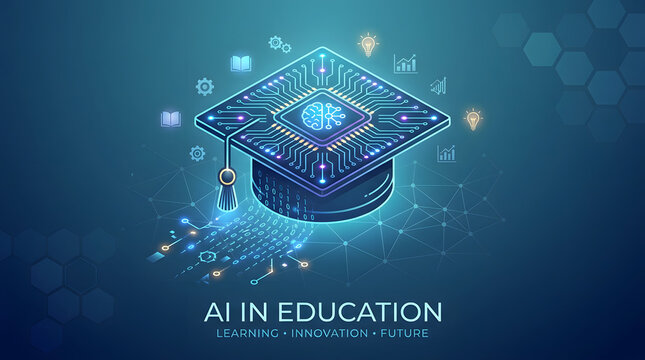 AI in Education: A graduation cap integrated with circuitry and digital elements symbolizes the intersection of artificial intelligence and learning.