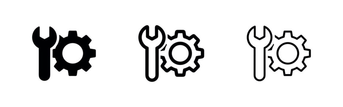 Set of icons: wrench and gear in solid, outline, and filled outline