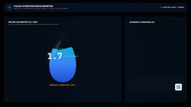 Futuristic hydration monitor dashboard UI showing real-time fluid intake data, dehydration alert, and sensor synchronization.