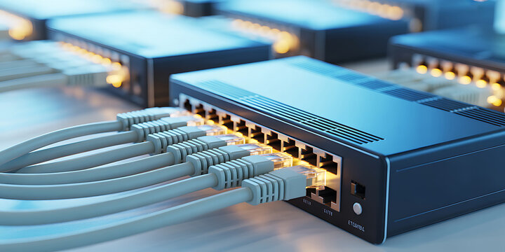 Closeup of network switches with ethernet cables connected to ports