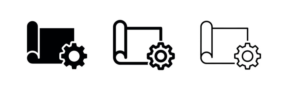 Rolled document with gear icon: solid black, outlined, and hollow