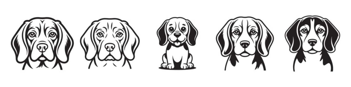 Beagle dog breed heads and cute puppy cartoon character vector line art stencil illustrations set on white background