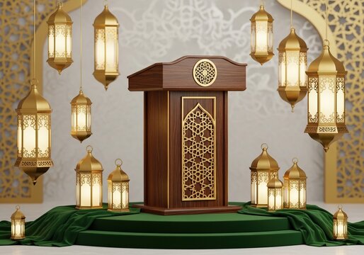 3d render of islamic podium with decorative lanterns and green fabric on a pedestal for ramadan kareem and eid celebration