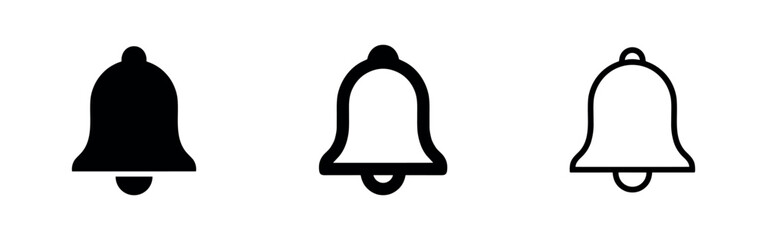 Fototapeta premium Set of bell icons: solid black, outline with fill, and outline only on white background.