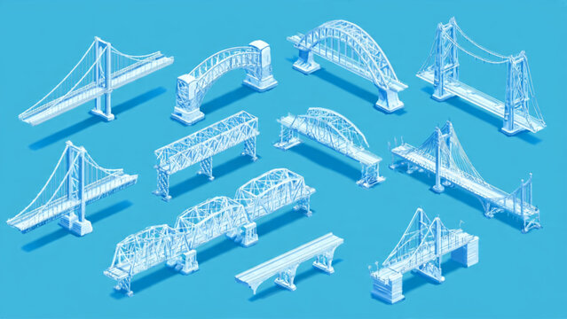 Collection of Modern Bridge Structures in Blueprint Style.