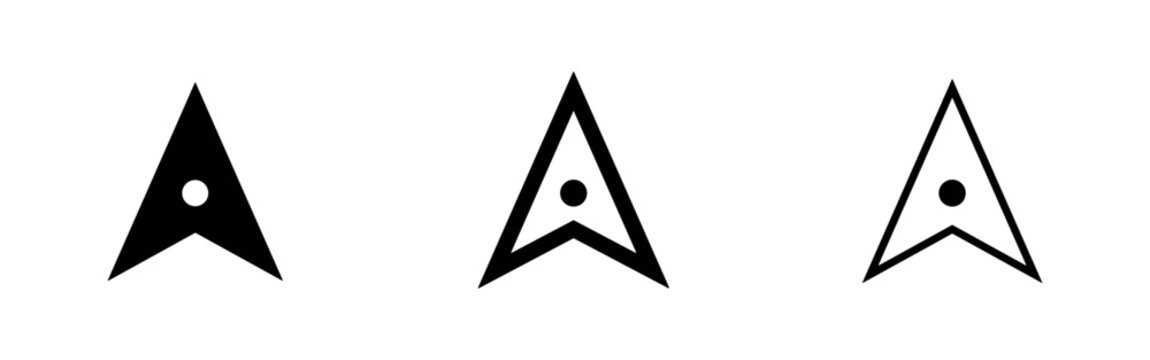 Navigation arrow icons with location dot in different styles for gps and tracking