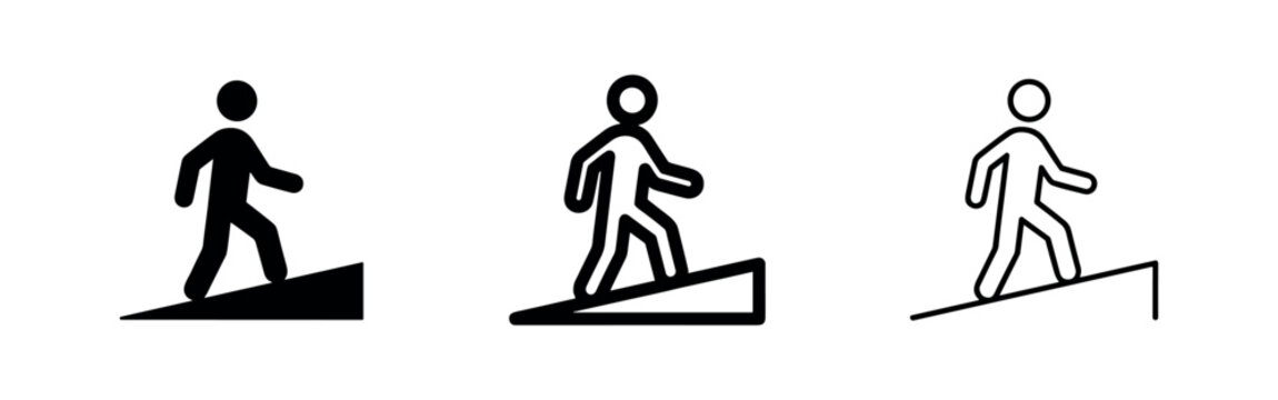 Person walking up a ramp icon set. Progress, ascent, and improvement symbol.