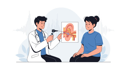 Fototapeta premium Doctor Examining Patient's Ear with Otoscope and Anatomy Illustration