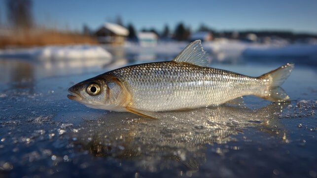 Close-up of a whitefish (Coregonus lavaretus) resting on ice beside a Nordic lake