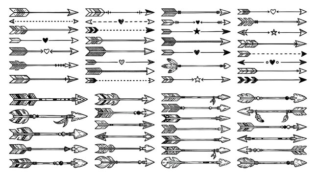 Hand drawn decorative arrow collection in black outline vector