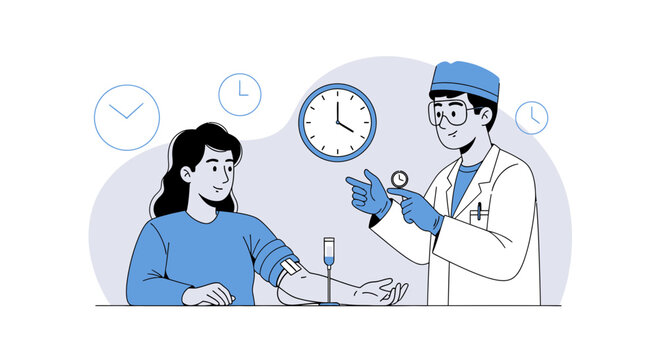 Doctor monitoring patient receiving IV drip with clocks in background