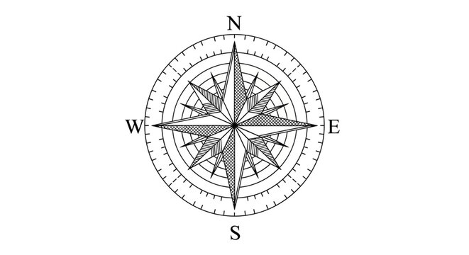 Black and white vintage compass rose illustration displaying cardinal directions for navigation, exploration, and travel concepts.