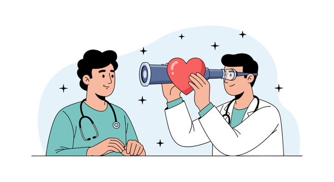Doctor looking through telescope at heart, medical concept illustration