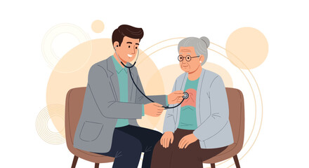 Fototapeta premium Doctor examining elderly patient with stethoscope, healthcare concept cartoon illustration.